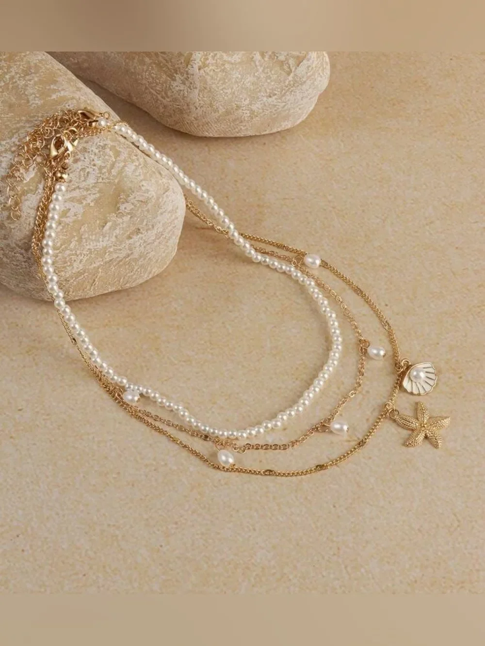 Gold White Pearl Layered Necklace with Sea Charms N1486
